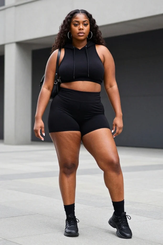 Plus Size Crop Hoodie and Biker Shorts Black Outfit