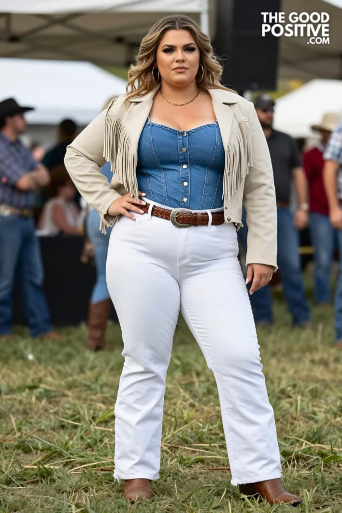 Plus Size Denim Corset, Straight-Leg White Jeans and Fringe Western Jacket Outfit