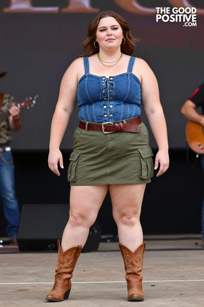 Plus Size Denim Corset Top, Cargo Mini Skirt and Western Ankle Boots Outfit