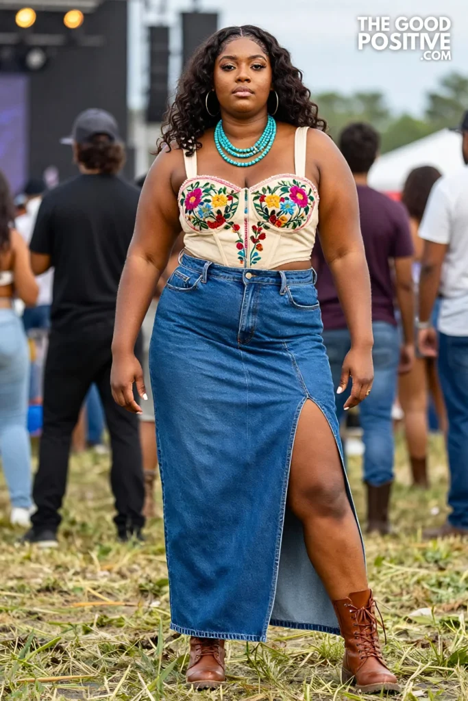 Plus Size Denim Maxi Skirt with Front Slit, Embroidered Bustier Top and Combat Boots Outfit