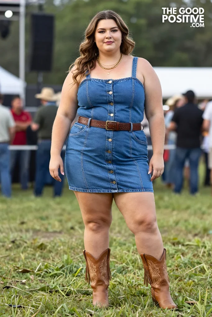 Plus Size Denim Mini Dress, Fringe Ankle Boots and Statement Belt Outfit