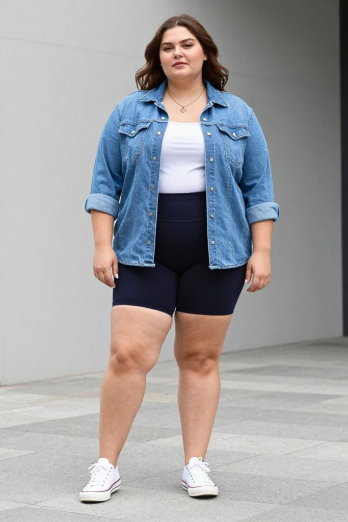 Plus Size Denim Shirt and Biker Shorts Outfit