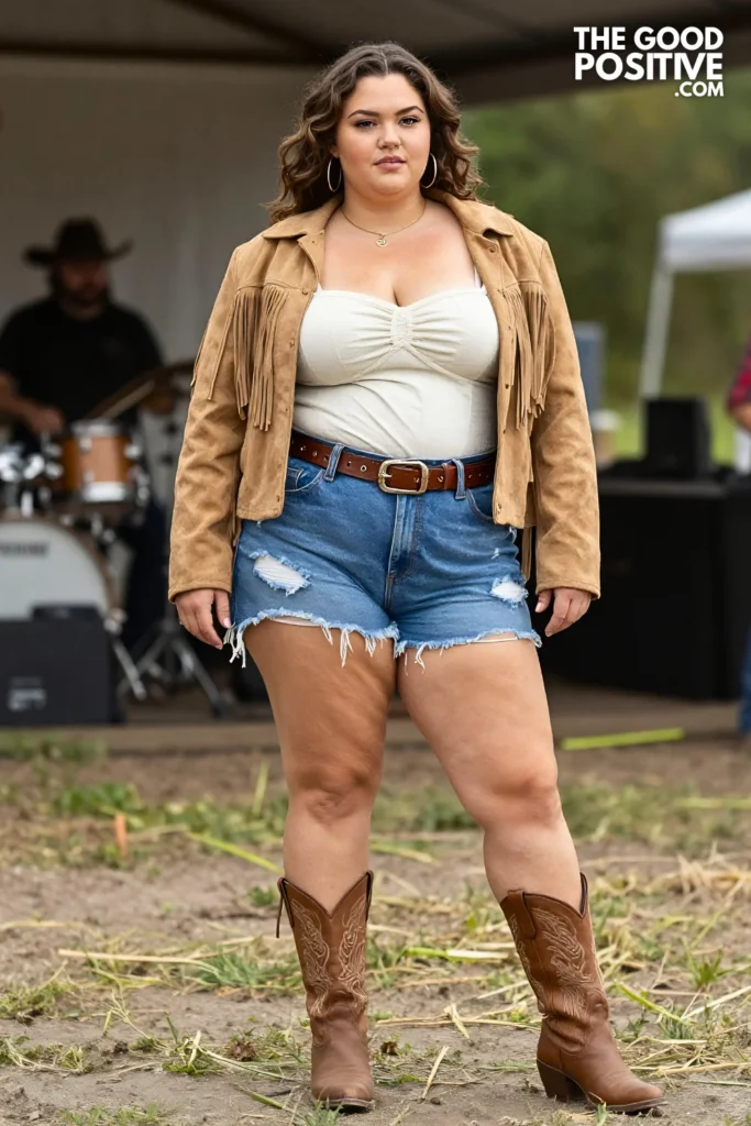 Plus Size Distressed Denim Shorts, Structured Bustier Top and Fringe Jacket Outfit