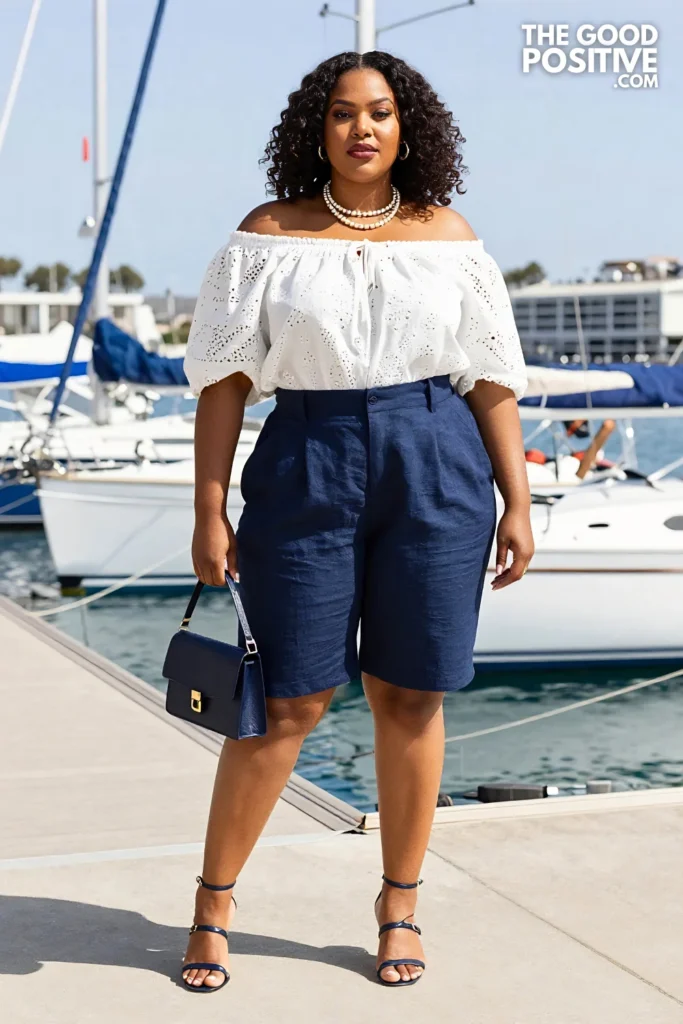 Plus Size Eyelet Embroidered Bardot Top With High-Waist Tailored Bermuda Shorts Outfit