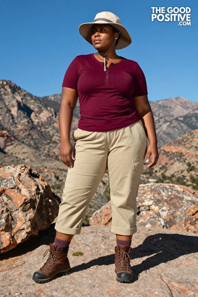 Plus Size Fitted Henley Shirt & Roll-Tab Convertible Hiking Pants Outfit