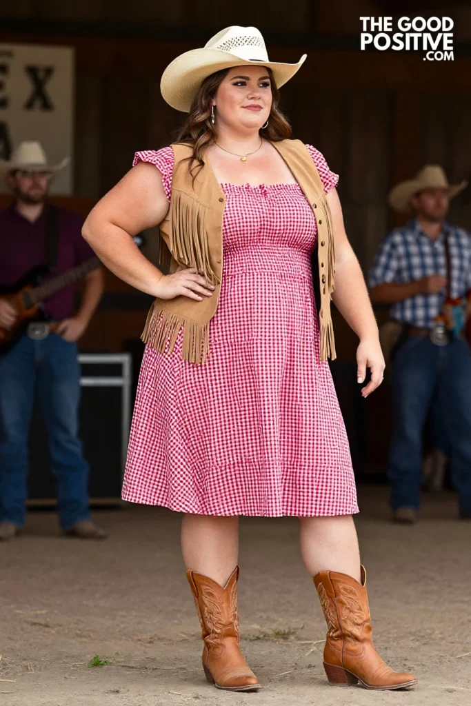 Plus Size Gingham Smocked Midi Dress, Fringe Vest and Western Block Heel Boots Outfit