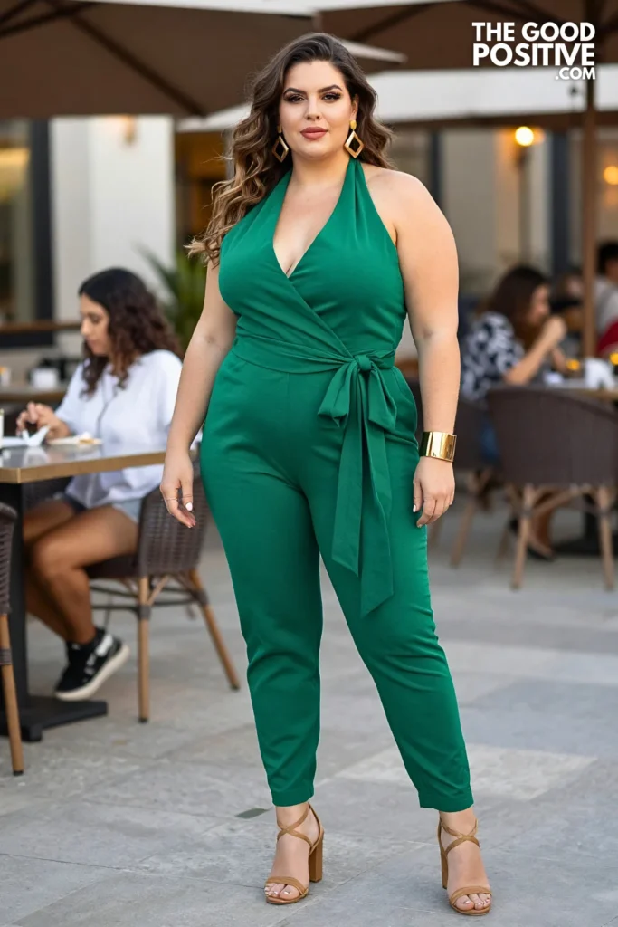 Plus Size Halter Neck Jumpsuit With Tapered Leg and Cinched Self-Tie Waist Outfit