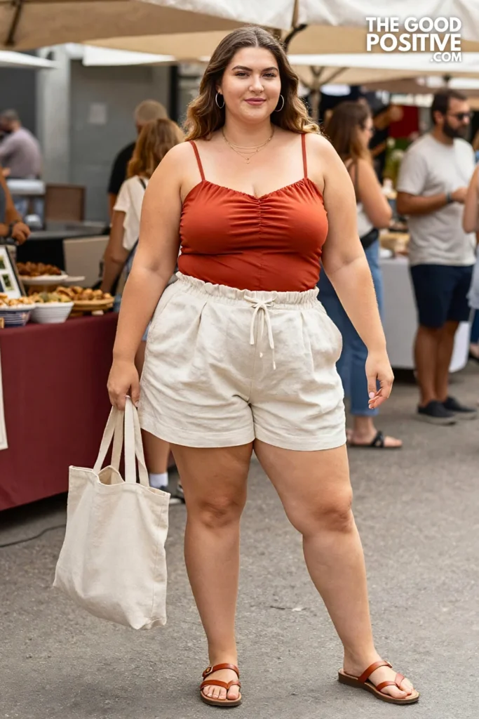 Plus Size High-Waist Linen Shorts With Ruched Side Spaghetti Strap Top Outfit