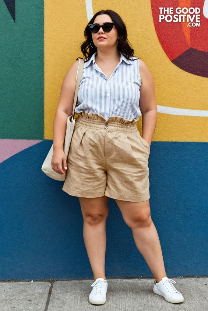 Plus Size High-Waist Paperbag Shorts and Sleeveless Button-Down Blouse Casual Outfit