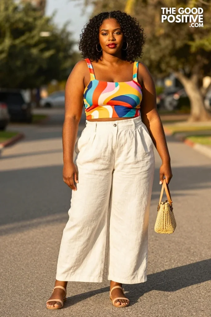 Plus Size Linen Wide-Leg Pants and Printed Crop Top Outfit