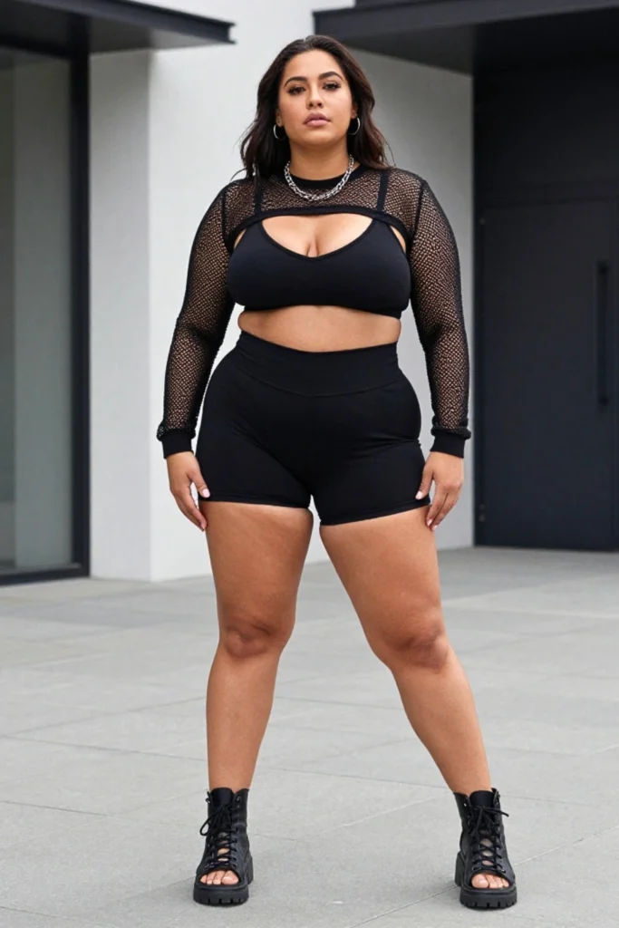 Plus Size Mesh Top Layered Biker Shorts Outfit