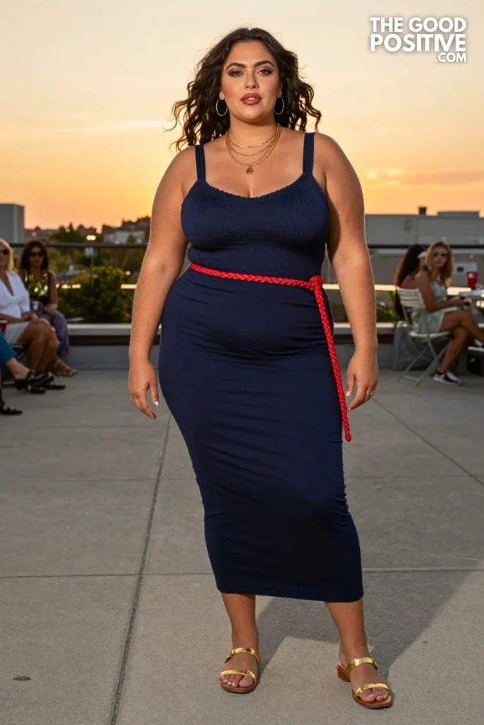 Plus Size Navy Blue Smocked Bodice Maxi Dress with Red Rope Belt Outfit