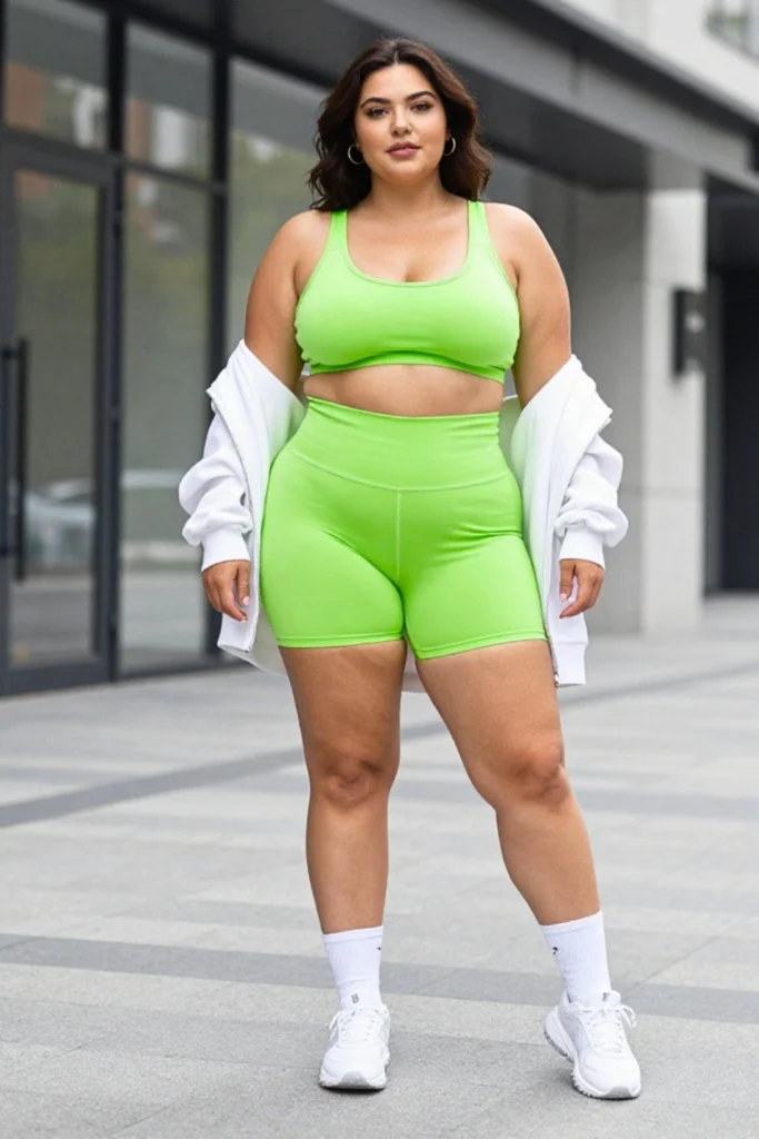 Plus Size Neon Sports Bra and Biker Shorts Gym Outfit