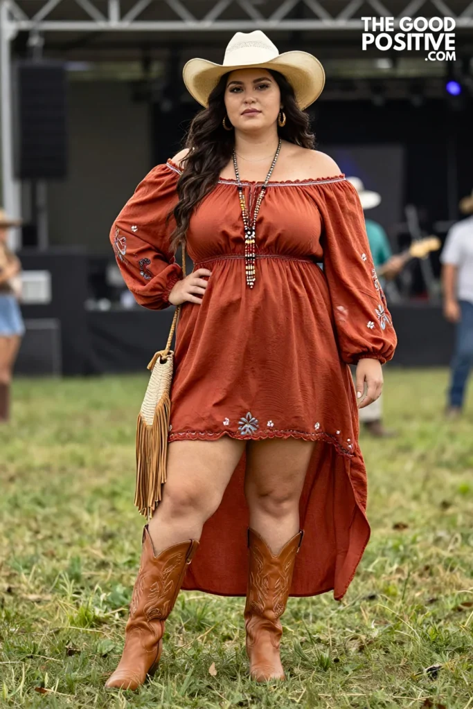 Plus Size Off-Shoulder Boho Maxi Dress, Cowboy Hat and Tall Cowboy Boots Outfit