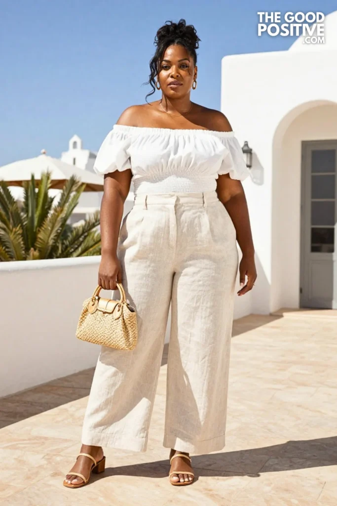 Plus Size Off-Shoulder Smock Top and Tailored Linen Trousers Outfit