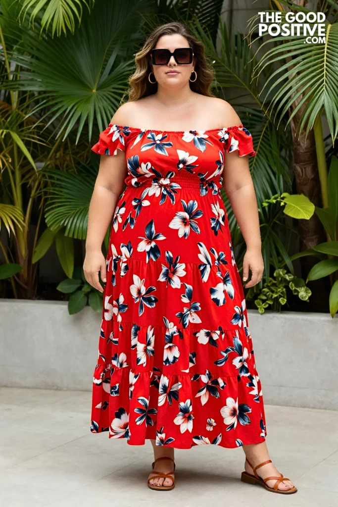 Plus Size Off-Shoulder Tiered Maxi Dress In Bold Floral Print Outfit