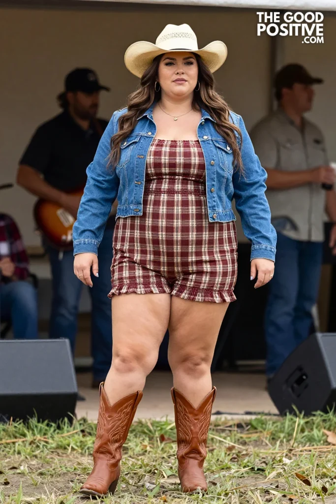 Plus Size Plaid Romper, Structured Denim Jacket and Cowboy Boots Outfit