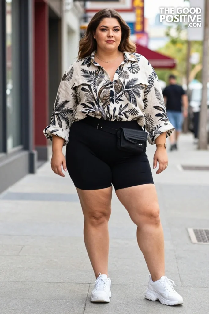 Plus Size Printed Linen Shirt and Bike Shorts Outfit