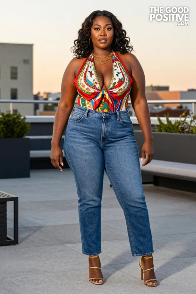 Plus Size Printed Scarf Top and High-Waist Straight Leg Jeans Outfit