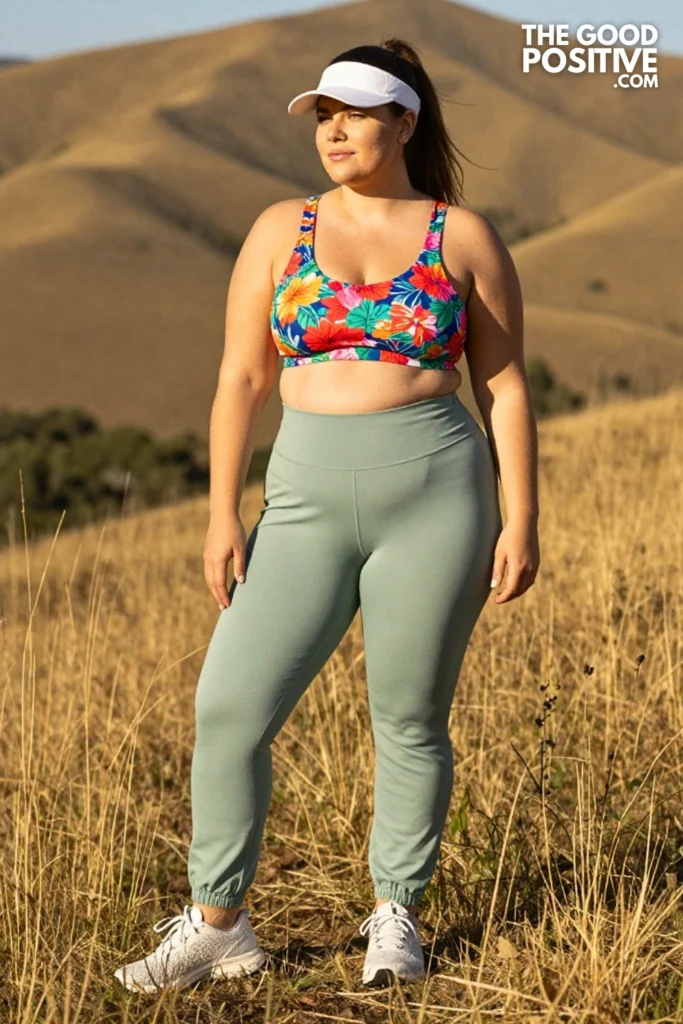 Plus Size Printed Sports Bra & High-Waist Woven Trail Pants Outfit