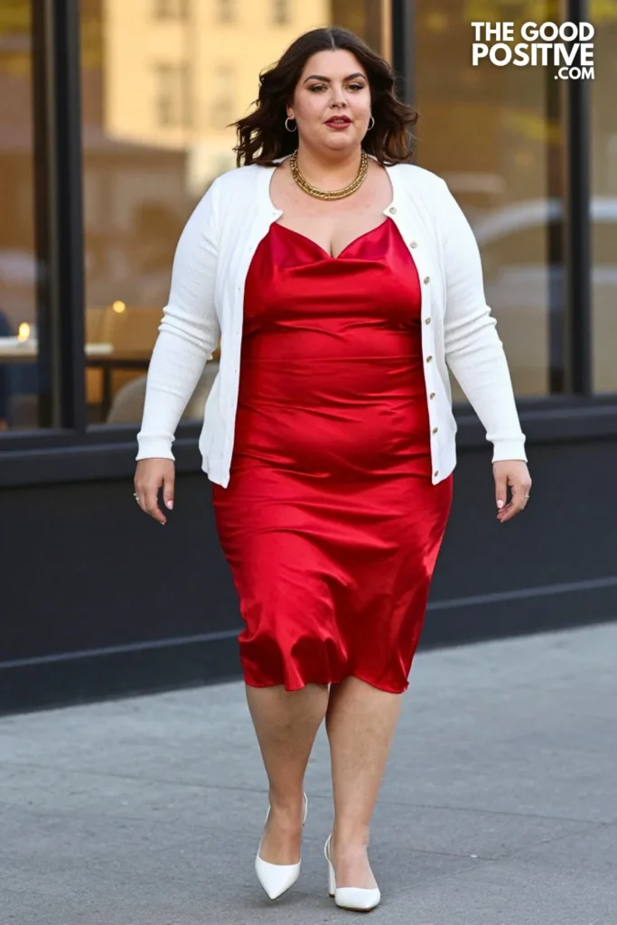 Plus Size Red Cowl-Neck Satin Midi Skirt & White Fitted Ribbed Cardigan Outfit