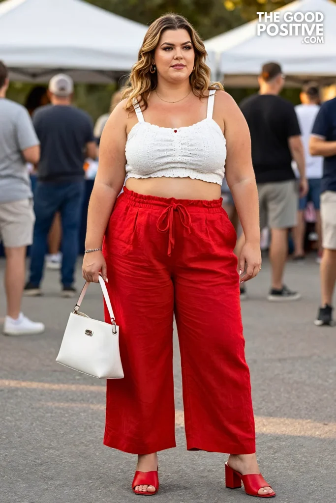 Plus Size Red Linen Wide-Leg Trouser & White Eyelet Crop Top Outfit