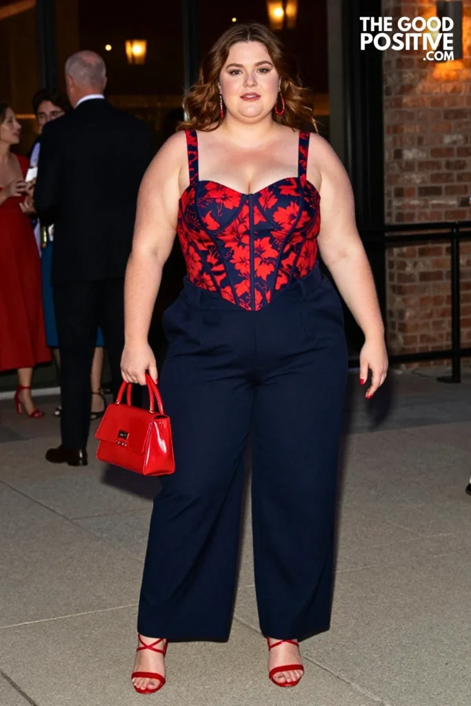 Plus Size Red & Navy Floral Bustier Top & Navy Wide-Leg Trouser Outfit