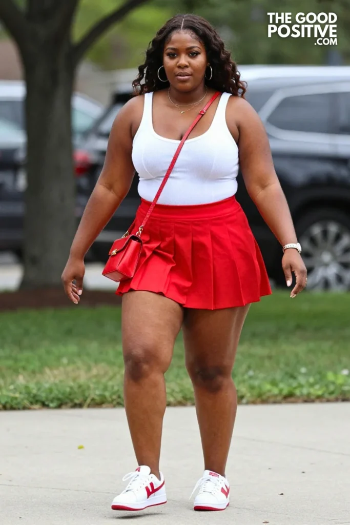 Plus Size Red Pleated Tennis Skirt & White Structured Corset-Style Tank Outfit