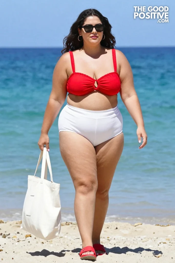 Plus Size Red Ruched Bandeau Bikini Top & High-Waisted White Swim Shorts Outfit