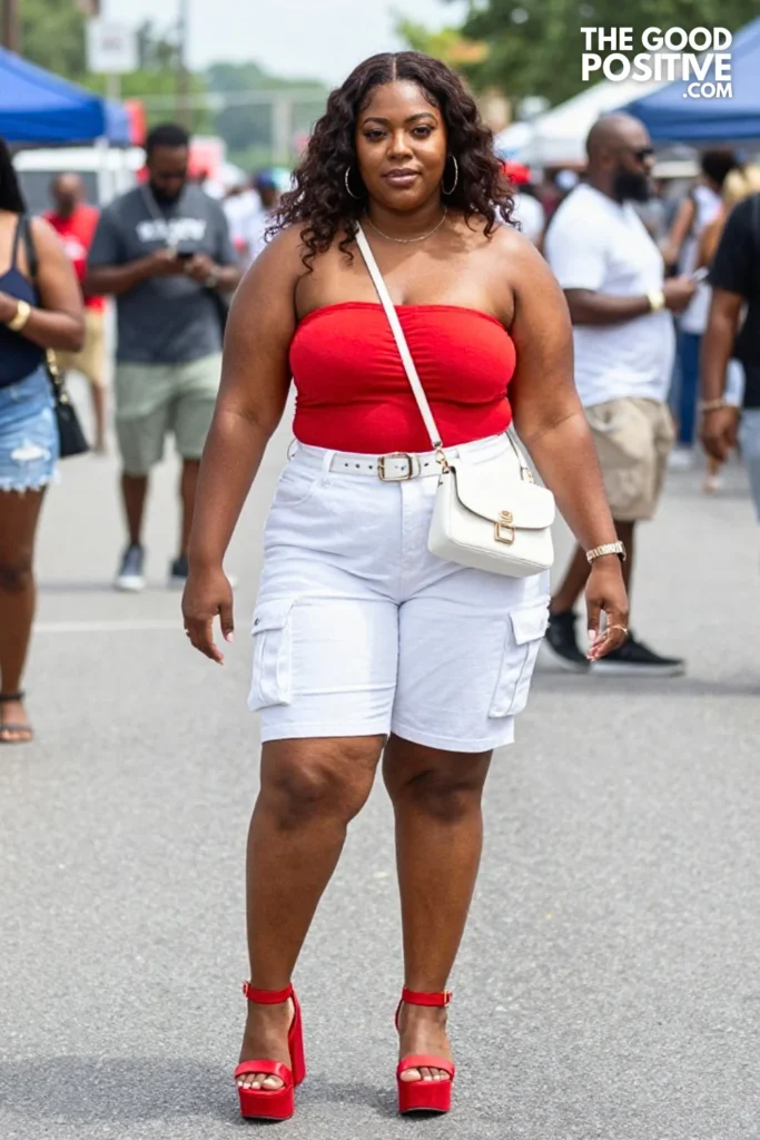 Plus Size Red Strapless Tube Top & White Cargo Bermuda Shorts Outfit