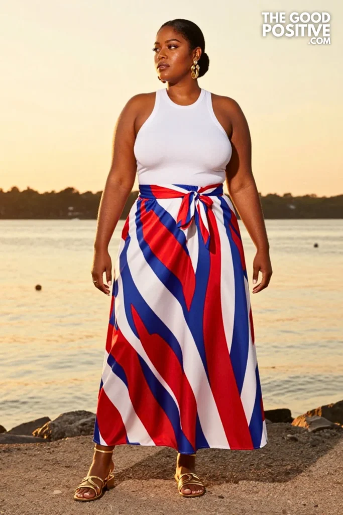 Plus Size Red, White & Blue Scarf-Print Halter Maxi Skirt & White Tube Top Outfit