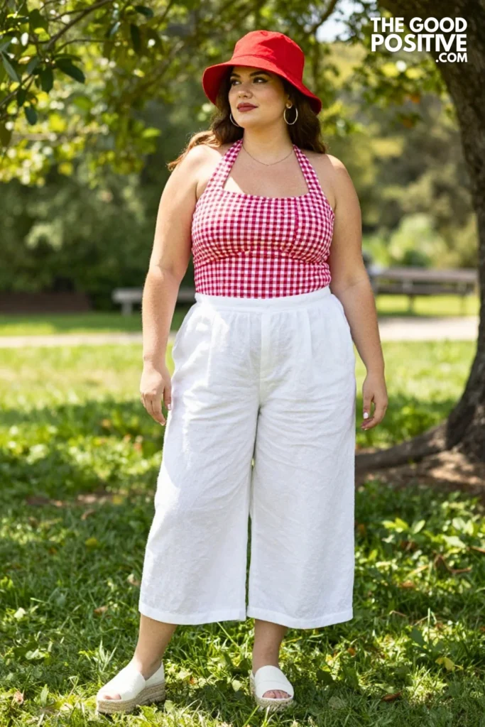 Plus Size Red & White Gingham Halter Top & White Wide-Leg Linen Shorts Outfit