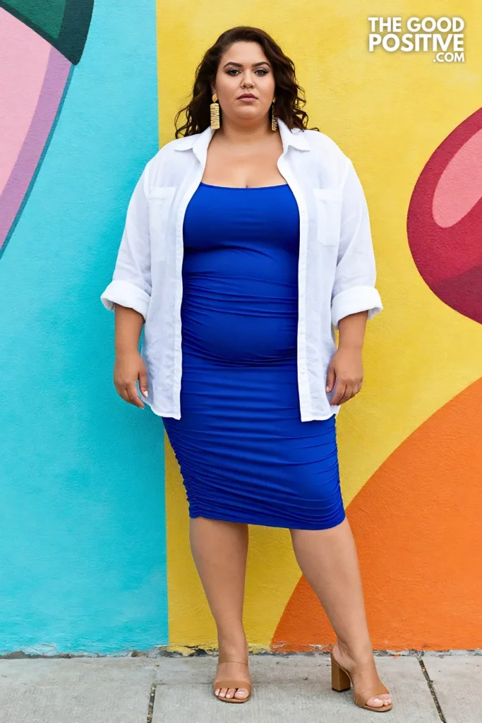 Plus Size Ruched Bodycon Midi Skirt With Oversized Linen Button-Down Shirt Outfit