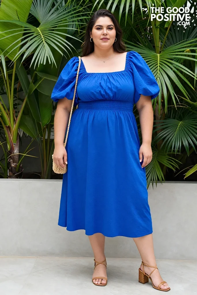 Plus Size Ruched Midi Dress With Square Neckline And Puff Sleeves Outfit