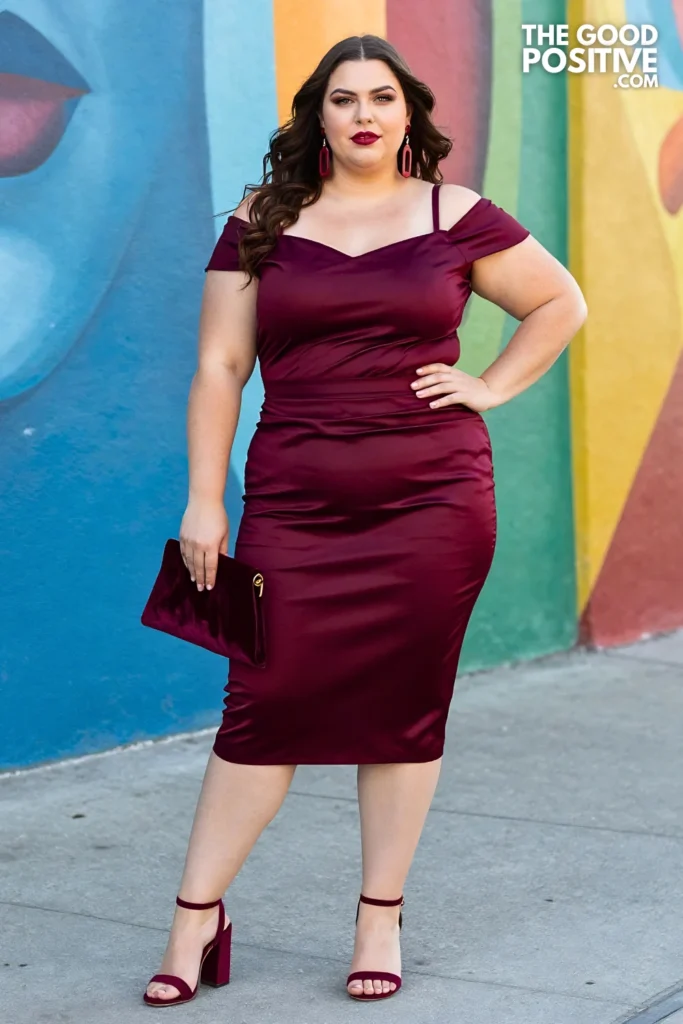 Plus Size Satin-Finish High-Waist Pencil Skirt and Fitted Cold-Shoulder Top Date Night Outfit