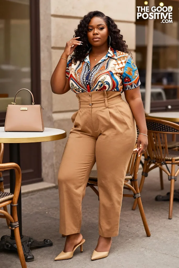 Plus Size Scarf-Print Shirt With High-Rise Paper Bag Waist Trousers Outfit