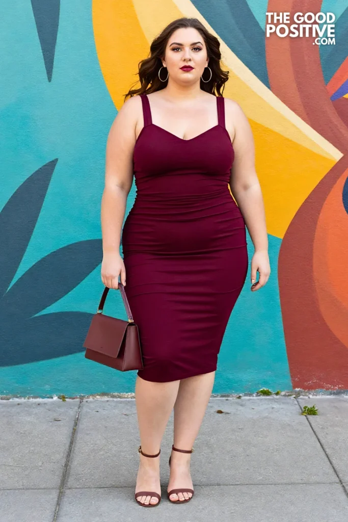 Plus Size Scoop-Back Midi Dress with Subtle Ruching Evening Dinner Outfit
