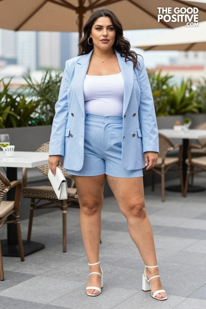 Plus Size Seersucker Blazer and Matching Shorts Set Outfit