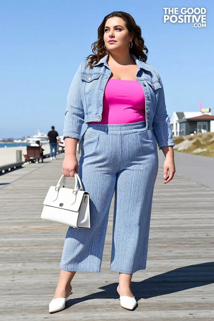 Plus Size Seersucker Cropped Jacket With High-Waist Culotte Pants and Tube Top Outfit
