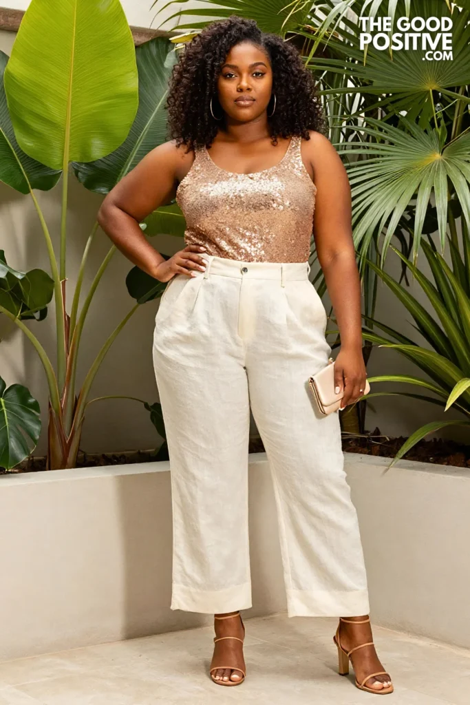 Plus Size Sequin Brunch Top With High-Waist Linen Trousers Outfit