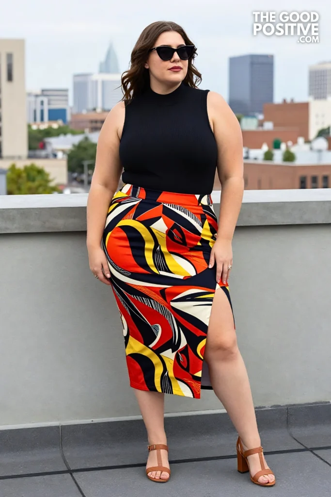 Plus Size Sleeveless Turtleneck Bodysuit With A-Line Midi Skirt Outfit