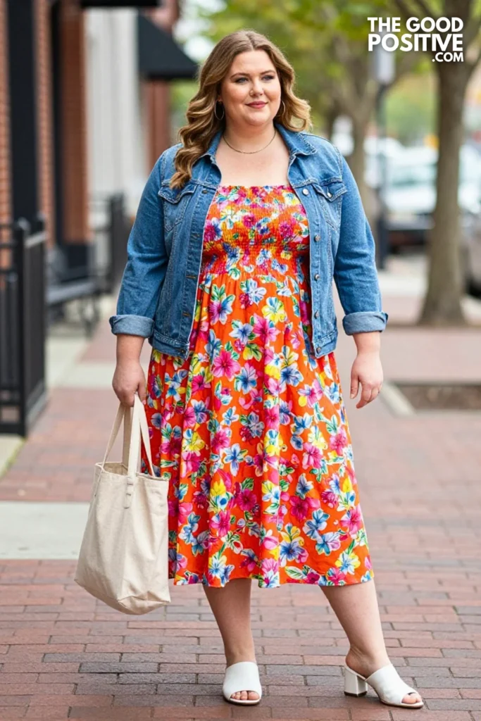 Plus Size Smocked Bodice Midi Dress and Denim Jacket Outfit
