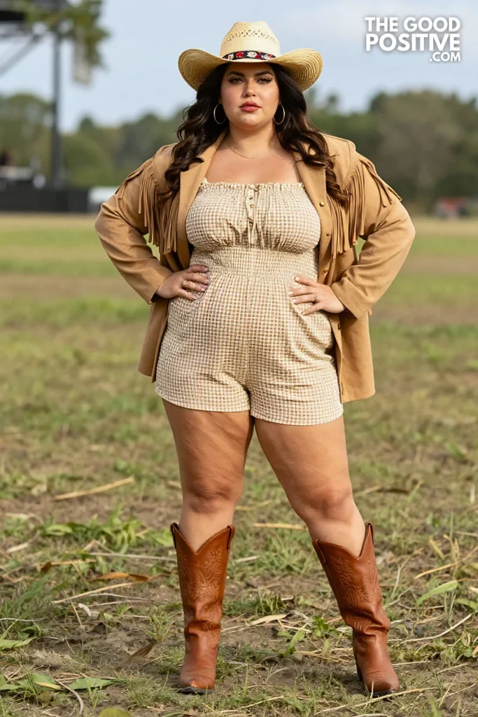 Plus Size Smocked Bodice Playsuit, Fringe Jacket and Cowboy Boots Outfit