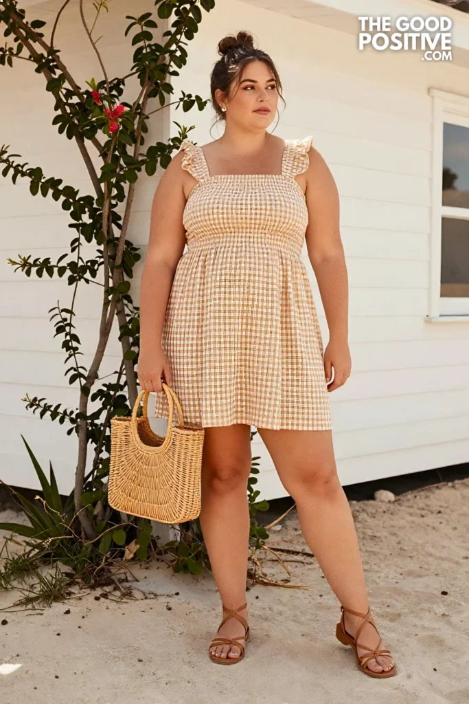 Plus Size Smocked Bodice Sundress With Square Neckline and Midi Length Outfit
