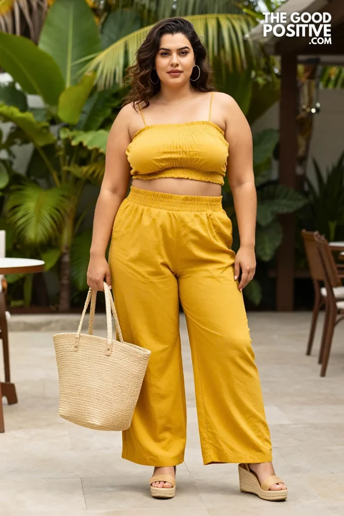 Plus Size Smocked Crop Top With High-Waist Palazzo Pants Outfit