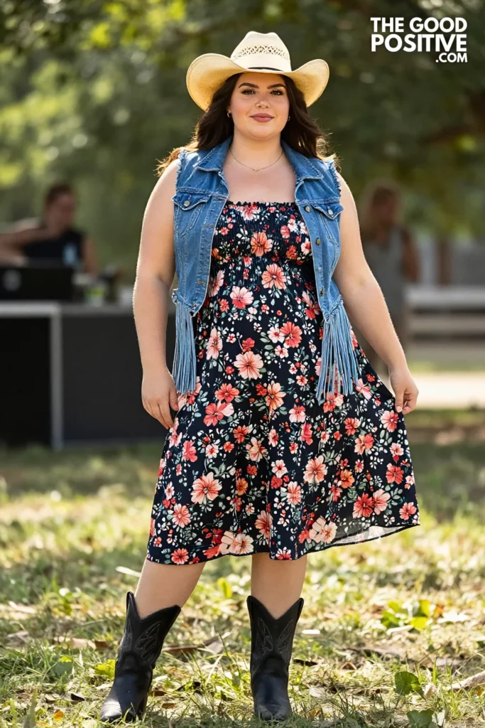 Plus Size Smocked Midi Dress, Denim Fringe Vest and Western Ankle Boots Outfit