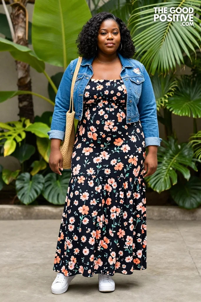 Plus Size Spaghetti Strap Smocked Maxi Dress With A Denim Jacket Outfit