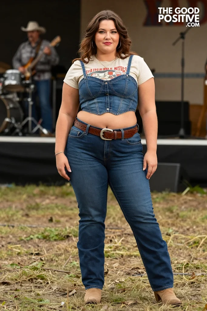 Plus Size Straight-Leg Jeans, Cropped Vintage Tee, Structured Bustier and Fringe Boots Outfit