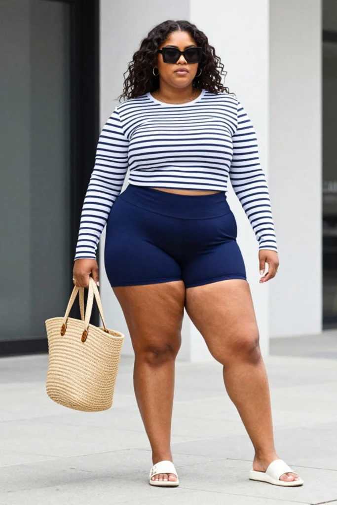 Plus Size Striped Long Sleeve and Biker Shorts Beach Outfit