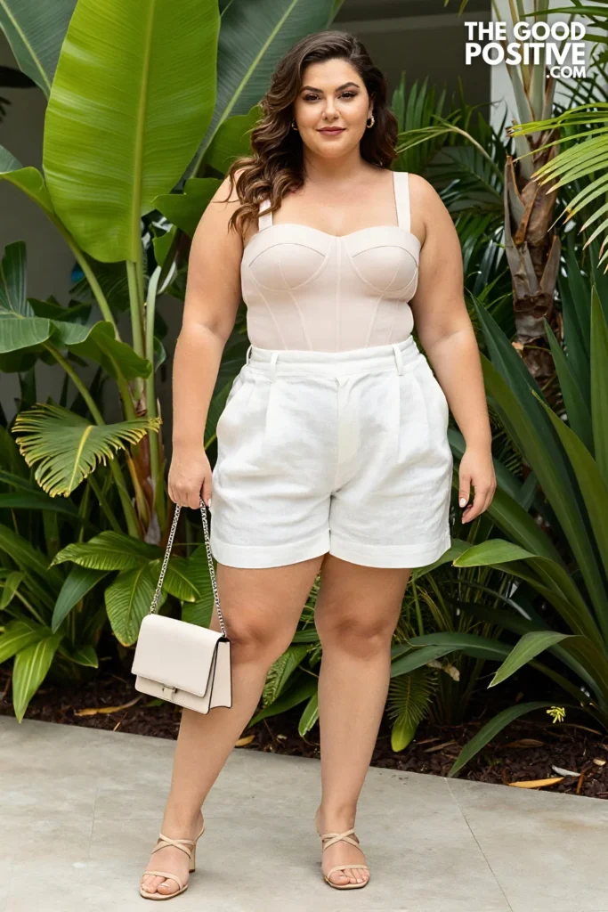 Plus Size Structured Corset Top With Tailored Linen Shorts Outfit